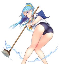 Rule 34 | 1girl, :o, ass, bare legs, blue eyes, blue hair, blush, cleaning brush, giuniu, hair bun, hair ornament, hairclip, highres, holding, knees together feet apart, long hair, looking at viewer, looking back, mop, official art, short sleeves, simple background, single hair bun, solo, swimsuit, swimsuit under clothes, transparent background, uchi no hime-sama ga ichiban kawaii, vivienne (uchi no hime-sama ga ichiban kawaii), water, wet, wrist cuffs