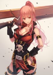 Rule 34 | 1girl, absurdres, alternate weapon, arm strap, belt buckle, black gloves, blunt bangs, breasts, buckle, cleavage, commentary request, cosplay, fingerless gloves, gloves, grin, guilty gear, hand on own hip, hara kenshi, highres, hololive, hololive english, huge weapon, large breasts, long hair, mori calliope, pink hair, ponytail, red eyes, red skirt, side slit, skirt, skull and crossbones, sleeveless, smile, sol badguy, sol badguy (cosplay), solo, sword, thigh strap, virtual youtuber, weapon, white background