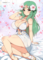 1girl artist_name ass bare_legs bare_shoulders bikini breasts cleavage closed_mouth fanbox_username female_focus fire_emblem fire_emblem:_three_houses fire_emblem_heroes flower gold_necklace green_eyes green_hair hair_flower hair_ornament hand_in_own_hair head_wreath highres large_breasts long_hair looking_at_viewer matching_hair/eyes necklace nintendo official_alternate_costume rhea_(fire_emblem) rhea_(summer)_(fire_emblem) smile solo swimsuit thighs virus-g white_bikini