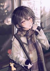 Rule 34 | 1girl, bad id, bad pixiv id, bag, black hair, brown coat, brown eyes, brown scarf, coat, commentary, d4dj, giraffe three, hand up, highres, long sleeves, looking at viewer, miyake aoi, open clothes, open coat, outdoors, parted lips, plaid, plaid scarf, scarf, short hair, shoulder bag, sleeves past wrists, solo, upper body