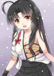 Rule 34 | 10s, 1girl, ahoge, bandeau, black gloves, black hair, breasts, cleavage, collarbone, commentary request, gloves, grey background, japanese clothes, kantai collection, long hair, looking at viewer, medium breasts, miyamori raira, open mouth, pleated skirt, shouhou (kancolle), simple background, skirt, solo, thighhighs, upper body, yellow eyes