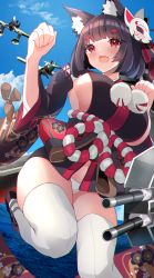 Rule 34 | 1girl, :d, aircraft, animal ear fluff, animal ears, azur lane, black hair, blue sky, breasts, cannon, cat ears, commentary request, day, fang, floral print, highres, large breasts, looking away, mask, mask on head, ocean, open mouth, panties, pom pom (clothes), red eyes, short hair, sideboob, skin fang, skindentation, sky, smile, solo, standing, standing on one leg, thighhighs, underwear, white panties, white thighhighs, yamaha tsui, yamashiro (azur lane)