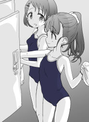 Rule 34 | 2girls, bare shoulders, blue one-piece swimsuit, blush, breasts, closed mouth, collarbone, commentary request, dot nose, dressing, flat chest, from side, fukuyama mai, hair ornament, hair scrunchie, hairclip, holding, idolmaster, idolmaster cinderella girls, idolmaster cinderella girls starlight stage, locker, locker room, long hair, looking at another, monochrome, multiple girls, nishino hikoji, one-piece swimsuit, open mouth, ponytail, rabbit hair ornament, sasaki chie, school swimsuit, scrunchie, short hair, small breasts, smile, spot color, standing, swimsuit