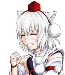 Rule 34 | 1girl, amogiri, animal ears, armor, clenched hand, clenched hands, closed eyes, female focus, grin, inubashiri momiji, japanese armor, kote, smile, solo, touhou, transparent background, wolf ears