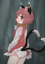 Rule 34 | 1girl, animal ear fluff, animal ears, ass, blush, brown hair, cat ears, cat tail, chen, chups, cowboy shot, dress, fang, from side, gold trim, heart, heart tail, highres, multiple tails, nekomata, no headwear, no headwear, nose blush, open mouth, profile, red dress, red eyes, short hair, sideways glance, solo, tail, touhou, two tails