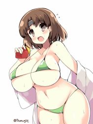 Rule 34 | 1girl, akikaze tsumuji, alternate breast size, blush, bra, breasts, brown eyes, brown hair, chiyoda (kancolle), collarbone, cowboy shot, food, green bra, green panties, headband, holding, holding food, huge breasts, kantai collection, looking at viewer, medium hair, navel, one-hour drawing challenge, open mouth, panties, simple background, solo, stomach, sweat, sweet potato, thick thighs, thighs, twitter username, underwear, undressing, white background
