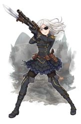 Rule 34 | 1girl, bayonet, belt pouch, black footwear, black gloves, black pantyhose, black skirt, blue eyes, blurry, blurry background, boots, breasts, cuervo, epaulettes, eyepatch, frilled skirt, frills, full body, gloves, gun, highres, holding, holding gun, holding weapon, holster, knife, official art, pantyhose, pouch, princess principal, princess principal game of mission, rifle, rubble, scar, scope, skirt, standing, thigh boots, thighhighs, transparent background, weapon, weapon request