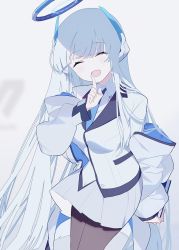 Rule 34 | 1girl, ba fed kitaku, black pantyhose, blue archive, blue necktie, closed eyes, collared shirt, formal, grey hair, hair between eyes, halo, hand to own mouth, headphones, jacket, long hair, mechanical halo, necktie, noa (blue archive), open clothes, open jacket, open mouth, pantyhose, pleated skirt, shirt, simple background, skirt, smile, solo, standing, suit, very long hair, white background, white jacket, white skirt, white suit