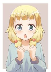 Rule 34 | 1girl, aayh, blonde hair, blue shirt, blush, brown background, comiket 99, commentary request, grey eyes, hair bobbles, hair ornament, hair over shoulder, hands up, long sleeves, looking at viewer, low twintails, new game!, open mouth, sakura nene, shirt, simple background, solo, twintails, two-tone background, v-shaped eyebrows, white background