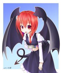 Rule 34 | 1girl, :d, alternate hair length, alternate hairstyle, aozora market, armband, blue background, book, book stack, dated, demon tail, demon wings, dress shirt, fang, head wings, holding, holding book, juliet sleeves, koakuma, leaning forward, long sleeves, looking at viewer, necktie, open mouth, puffy sleeves, red eyes, red hair, red necktie, shirt, short hair, simple background, skirt, skirt set, smile, solo, tail, touhou, vest, white shirt, wings