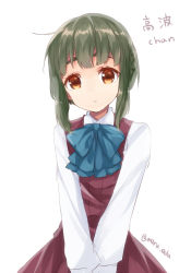 Rule 34 | 10s, 1girl, bow, bowtie, character name, green hair, kantai collection, long sleeves, maruki (punchiki), orange eyes, school uniform, short hair, simple background, solo, takanami (kancolle), twitter username, upper body, v arms, white background