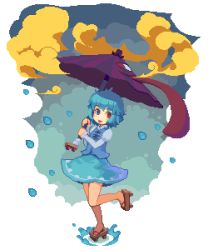 Rule 34 | 1girl, :p, bare legs, blue eyes, blue hair, blue skirt, blue vest, blush, breasts, closed mouth, cloud, cloudy sky, eyebrows, facing away, full body, geta, heterochromia, holding, holding umbrella, karakasa obake, layered sleeves, leg up, long sleeves, looking away, looking to the side, lowres, miniskirt, no nose, no pupils, one-eyed, pixel art, puddle, puffy long sleeves, puffy short sleeves, puffy sleeves, purple umbrella, rain, raised eyebrows, red eyes, shirt, short hair, short over long sleeves, short sleeves, simple background, skirt, skirt set, sky, sleeves past wrists, small breasts, smile, solo, splashing, standing, standing on one leg, tareme, tatara kogasa, tongue, tongue out, touhou, umbrella, vest, vixiv, water, white background, white shirt