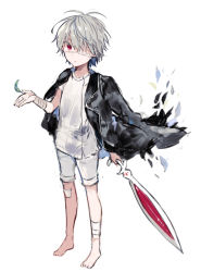 Rule 34 | 1boy, bad id, bad tumblr id, bandaged arm, bandaged leg, bandages, bandaid, bandaid on knee, bandaid on leg, barefoot, black jacket, eyepatch, full body, grey hair, hand up, holding, holding weapon, ikeuchi tanuma, jacket, jacket on shoulders, leaf, leather, leather jacket, left-handed, looking at viewer, male focus, medical eyepatch, nagisa kaworu, neon genesis evangelion, neon genesis evangelion gakuen datenroku, one eye covered, open clothes, open hand, open jacket, red eyes, shirt, short sleeves, simple background, solo, standing, sword, weapon, white background, white shirt
