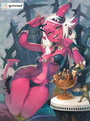 Rule 34 | 1girl, 6+boys, bikini, black bikini, breasts, colored skin, cup, demon tail, donald trump, earrings, eyepatch bikini, full body, hair ornament, hairclip, hand up, highres, horns, jewelry, long hair, medium breasts, multiple boys, navel, original, parted lips, pointy ears, real life, red skin, shadow, sitting, smile, swimsuit, tail, tongue, tongue out, white hair, xaxaxa, yellow eyes