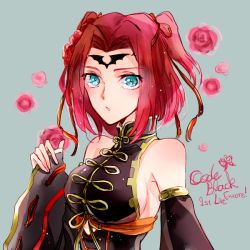 Rule 34 | 1girl, bare shoulders, blue eyes, breasts, chinese clothes, code geass, detached sleeves, facial mark, flower, forehead mark, hair flower, hair ornament, hair ribbon, high collar, ilohasvio, kouzuki kallen, large breasts, looking at viewer, red flower, red hair, ribbon, short hair, sideboob, solo, two side up