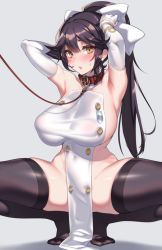 Rule 34 | 1girl, adapted costume, armpits, arms up, azur lane, black hair, black thighhighs, blush, bow, breasts, collar, collarbone, fuya (tempupupu), gloves, grey background, hair bow, high ponytail, large breasts, leash, long hair, looking at viewer, narrow waist, open mouth, ponytail, simple background, solo, spread legs, squatting, sweat, takao (azur lane), thighhighs, very long hair, viewer holding leash, white bow, white gloves, yellow eyes