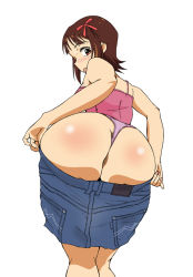 Rule 34 | 1girl, :o, amami haruka, ass, bad id, bad pixiv id, bare shoulders, blush, bow, brown eyes, brown hair, clothes pull, denim, denim skirt, eleven929rr, from below, hair bow, hair ribbon, huge ass, idolmaster, idolmaster (classic), looking back, looking down, nail polish, open mouth, panties, partially visible anus, pink panties, ribbon, short hair, simple background, skirt, skirt pull, sweatdrop, thong, underwear, undressing, white background