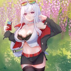 Rule 34 | 1girl, bare shoulders, belt, black bra, black jacket, black skirt, black thighhighs, bra, bright pupils, character request, choker, commentary request, copyright request, cowboy shot, crop top, eyewear on head, highres, holding, jacket, juice box, lingshalan, long hair, long sleeves, looking at viewer, low-tied long hair, midriff, miniskirt, navel, off shoulder, outdoors, pencil skirt, pink eyes, red belt, shirt, side slit, skirt, sleeveless, sleeveless shirt, smile, solo, standing, stomach, sunglasses, thighhighs, thighs, underwear, very long hair, white choker, white hair, white pupils, white shirt