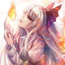 Rule 34 | 1girl, bloom, bow, embers, fiery wings, fire, fire, from side, fujiwara no mokou, hair bow, hands up, highres, kyogoku-uru, lips, long hair, looking up, nail polish, parted lips, profile, pyrokinesis, red eyes, red nails, shirt, simple background, solo, sparks, touhou, white background, wings