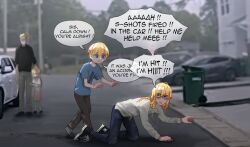 Rule 34 | 2boys, 2girls, absurdres, all fours, black footwear, blonde girl (popopoka), blonde hair, blue shirt, blurry, blurry background, brother and sister, car, cat baguette (popopoka), d:, denim, english text, family, glasses, grey shirt, highres, jeans, long hair, motor vehicle, multiple boys, multiple girls, open mouth, original, outdoors, pants, popopoka, print shirt, ptsd, road, sad, shaded face, shirt, short hair, siblings, skirt, speech bubble, street, trash can