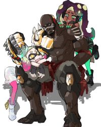 Rule 34 | &gt;:|, 1boy, 2girls, :d, :|, abs, arm rest, arm tattoo, armlet, armor, armored boots, asymmetrical armor, bald, bare arms, bare shoulders, black gloves, blonde hair, boots, broad shoulders, clenched hand, closed mouth, collarbone, colored skin, crossover, crown, dark-skinned male, dark skin, doomfist (overwatch), dress, eyebrows, facial tattoo, fang, fingerless gloves, full body, gloves, green eyes, green hair, green legwear, green skin, hand up, hands on another&#039;s shoulders, head rest, headphones, high collar, highres, inkling, leaning forward, leaning on person, long hair, looking back, marina (splatoon), multicolored hair, multicolored skin, multiple girls, muscular, muscular male, nintendo, octoling, open mouth, overwatch, overwatch 1, pants, pantyhose, parted lips, pearl (splatoon), pectorals, pink hair, pink legwear, power armor, purple hair, short dress, short hair, shorts, simple background, sitting, sleeveless, smile, spikes, splatoon (series), splatoon 2, tattoo, tentacle hair, topless male, two-tone hair, v-shaped eyebrows, white background