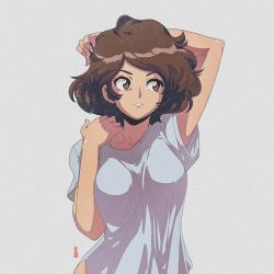 Rule 34 | 1990s (style), 1girl, arms up, bluesona (bluethebone), border, borrowed character, breasts, brown eyes, brown hair, commentary, david liu, english commentary, fictional persona, highres, medium breasts, original, retro artstyle, shirt, solo, t-shirt