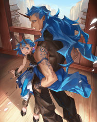 Rule 34 | 1boy, 1girl, :d, architecture, arm tattoo, bad id, bad pixiv id, bare shoulders, blue eyes, blue hair, bridge, brown pants, closed mouth, east asian architecture, fang, highres, horns, long hair, looking at viewer, open mouth, original, pants, railing, shichigatsu, shoes, single horn, smile, standing, tamaki (shichigatsu), tattoo, yahiro (shichigatsu)