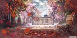 Rule 34 | autumn leaves, bare tree, bench, blurry, book, building, bungou to alchemist, cherry blossoms, cloud, copyright notice, day, depth of field, falling leaves, falling petals, flower, highres, lamppost, leaf, light rays, no humans, official art, outdoors, park bench, pavement, petals, pink flower, scenery, seasons, sett, snow, snowing, sunlight, third-party source, tree