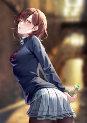 Rule 34 | 1girl, absurdres, arms behind back, black sweater, blurry, blurry background, blush, bottle, breasts, brown hair, brown pantyhose, cowboy shot, depth of field, drawstring, from behind, grey skirt, hair ornament, hairclip, highres, higuchi madoka, holding, holding bottle, idolmaster, idolmaster shiny colors, leaning forward, long sleeves, looking at viewer, looking back, medium breasts, miniskirt, mole, mole under eye, pantyhose, parted lips, plaid, plaid skirt, plastic bottle, pleated skirt, purple eyes, short hair, skirt, solo, sweater, yin lan xue