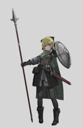 Rule 34 | 1girl, absurdres, armor, belt, black footwear, black legwear, black ribbon, blonde hair, blue eyes, blush, boots, breastplate, cape, chainmail, earrings, female focus, fur-trimmed boots, fur trim, gauntlets, green cape, grey background, hair ribbon, highres, holding, holding weapon, jewelry, medieval, oota youjo, original, partisan (weapon), pike (weapon), polearm, ribbon, sheath, sheathed, shield, simple background, solo, standing, sword, utility belt, weapon