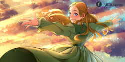 Rule 34 | 1girl, aria arioso, artist name, blonde hair, blue eyes, cloud, commentary, dress, english commentary, facebook logo, facebook username, green dress, highres, long hair, long sleeves, looking at viewer, looking back, marnie (omoide no marnie), omoide no marnie, outdoors, puffy long sleeves, puffy sleeves, solo, sunlight, sunset