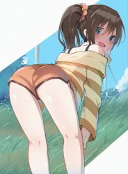 Rule 34 | :d, absurdres, ass, bad id, bad twitter id, bent over, blue eyes, blush, brown hair, commentary request, dunggeul dunggeul, grass, hair between eyes, highres, hololive, jacket, looking at viewer, looking back, natsuiro matsuri, natsuiro matsuri (matsuri&#039;s day off), open mouth, orange shorts, outdoors, scrunchie, short hair, shorts, side ponytail, sky, smile, solo, spaghetti strap, striped clothes, striped jacket, thighs, virtual youtuber, white jacket, yellow jacket, yellow scrunchie