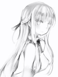 Rule 34 | 1girl, bad id, bad pixiv id, bare shoulders, blunt bangs, braid, breasts, closed mouth, covered erect nipples, dress, french braid, from side, greyscale, hair ribbon, highres, large breasts, long hair, looking at viewer, looking to the side, marshmallow-chan (nanashi), monochrome, nanashi (nlo), neck ribbon, original, ribbon, sidelocks, simple background, smile, solo, upper body, white background