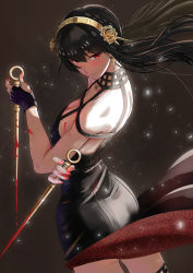 Rule 34 | 1girl, absurdres, ass, bare shoulders, black dress, blood, blood on arm, blood on breasts, blood on face, bloody weapon, blush, breasts, cleavage, dress, dual wielding, earrings, hairband, highres, holding, holding weapon, hxk4 n, jewelry, large breasts, short dress, solo, spikes, spy x family, weapon, yor briar