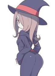 Rule 34 | 10s, 1girl, ass, hair over one eye, hat, little witch academia, long hair, pink eyes, sucy manbavaran, witch hat