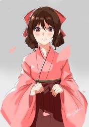 Rule 34 | 1girl, absurdres, bow, brown hair, cherry blossoms, commentary request, cowboy shot, drill hair, grey background, hair bow, hakama, hakama skirt, harukaze (kancolle), highres, japanese clothes, kantai collection, kimono, looking at viewer, meiji schoolgirl uniform, parted lips, petals, pink kimono, red bow, red eyes, red hakama, simple background, skirt, solo, sui (sui27shika), twin drills