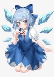 Rule 34 | 1girl, :o, absurdres, ahoge, barefoot, blue bow, blue dress, blue eyes, blue hair, blush, bow, cirno, collared shirt, dress, flat chest, full body, hair bow, hand up, highres, holding, ice, ice wings, kneeling, looking at viewer, nedia (nedia region), parted lips, pinafore dress, puffy short sleeves, puffy sleeves, red neckwear, red ribbon, ribbon, shirt, short hair, short sleeves, simple background, sleeveless dress, solo, toes, touhou, white background, white shirt, wing collar, wings