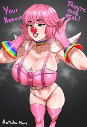 Rule 34 | 1girl, ace attorney, aestheticc-meme, alternate breast size, armpits, arms up, bikini, breasts, choker, cleavage, clown, clown nose, collarbone, dark background, english text, frills, geiru toneido, gloves, grin, highres, large breasts, latex, latex gloves, latex legwear, latex thighhighs, lipstick, makeup, medium hair, midriff, naughty face, navel, phoenix wright: ace attorney - spirit of justice, pink bikini, pink gloves, pink hair, rainbow print, sidelocks, smile, solo, steam, steaming body, suspenders, suspenders pull, sweat, swimsuit, thighhighs, thong, zettai ryouiki