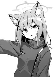 Rule 34 | 1girl, absurdres, alternate costume, animal ear fluff, animal ears, blue archive, earrings, extra ears, goyain, greyscale, hair ornament, halo, head tilt, highres, jewelry, mismatched pupils, monochrome, open mouth, shiroko (blue archive), short hair, simple background, solo, turtleneck, upper body, white background, x hair ornament