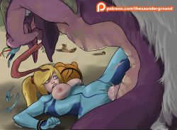 Rule 34 | 1girl, artist name, blonde hair, blue eyes, bodysuit, breasts, breasts out, claws, crotch cutout, metroid, mole, monster, nintendo, nipples, penis, ponytail, pussy juice, rape, samus aran, sex, skin tight, surprised, tongue, tongue out, torn clothes, uncensored, vaginal, watermark, web address, zaun-derground, zero suit