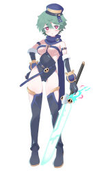 Rule 34 | 1girl, absurdres, belt, belt bra, black gloves, black leotard, black thighhighs, blue eyes, blue hat, cameltoe, contrapposto, covered navel, elbow gloves, energy sword, full body, gloves, gluteal fold, green hair, hair between eyes, hand on own hip, hat, highres, holding, holding sword, holding weapon, inukaze yamu, leotard, looking at viewer, original, parted lips, ribs, short hair, simple background, solo, standing, sword, thighhighs, weapon, white background