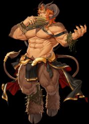 Rule 34 | 1boy, abs, animal ears, another eidos-r, azmond (another eidos), bara, beard, biceps, body fur, braid, brown fur, bulge, chest harness, clothes around waist, curled horns, facial hair, fingernails, flute, fork, full body, goat boy, goat ears, goat horns, goat tail, gomtang, harness, highres, holding, holding instrument, horns, instrument, large bulge, large pectorals, long hair, looking at viewer, male focus, male pubic hair, mature male, monster boy, muscular, muscular male, music, mustache, navel, nipples, non-web source, official art, open hand, orange hair, pectorals, pelvic curtain, plant, playing instrument, pubic hair, pubic hair peek, satyr, sharp fingernails, single braid, snake, solo, stomach, tail raised, thick eyebrows, thick thighs, thighs, topless male, vines