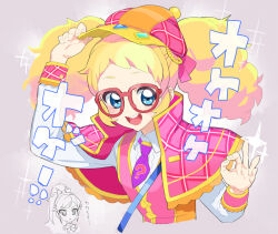 Rule 34 | 2girls, :d, aikatsu!, aikatsu! (series), blonde hair, blue eyes, blush, cabbie hat, capelet, catchphrase, commentary request, cosplay, cropped torso, doodle inset, glasses, grey background, hand on headwear, hands up, hat, high collar, long hair, long sleeves, looking at viewer, moudoku (decopon3rd), multiple girls, necktie, ok sign, open mouth, otoshiro seira, pink capelet, pink headwear, pink vest, ponytail, purple necktie, red-framed eyewear, saegusa kii, sherlock shellingford, sherlock shellingford (cosplay), shirt, smile, solo focus, tantei opera milky holmes, translation request, twintails, upper body, vest, white shirt