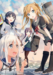 Rule 34 | 10s, 4girls, :d, abukuma (kancolle), ahoge, akebono (kancolle), anchor, bent over, bike shorts, black footwear, black hair, black legwear, blonde hair, blue eyes, boots, breasts, buttons, cardigan, crop top, double bun, fish, fishing rod, flag, flower, gotyou, hair between eyes, hair bun, hair flower, hair ornament, hair rings, kantai collection, knee boots, large breasts, long hair, machinery, multiple girls, one-piece tan, open cardigan, open clothes, open mouth, pantyhose, purple hair, remodel (kantai collection), ribbon, ro-500 (kancolle), rubber boots, sailor collar, school swimsuit, school uniform, see-through, serafuku, shorts, shorts under skirt, side ponytail, skirt, small breasts, smile, standing, standing on liquid, swimsuit, swimsuit under clothes, tan, tanline, twintails, ushio (kancolle), vest, wading, water, wet, wet clothes, yellow eyes