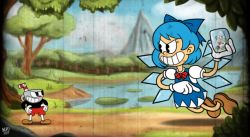 Rule 34 | 1930s (style), 1boy, 1girl, andro juniarto, blouse, blue dress, blue eyes, blue hair, blue ribbon, bow, cartoonized, cirno, crossover, cuphead, cuphead (game), dress, dress shirt, drinking straw, fairy wings, fatal fury cap, finger gun, frog, frozen, gloves, hair bow, health bar, ice, ice wings, misty lake, pac-man eyes, pinafore dress, puffy short sleeves, puffy sleeves, red bow, red ribbon, retro artstyle, ribbon, scarlet devil mansion, shirt, short hair, short sleeves, sleeveless dress, toon (style), touhou, video game, white gloves, white shirt, wing collar, wings