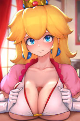 Rule 34 | 1boy, 1girl, areola slip, bikini, blonde hair, blue eyes, bra, breasts, breasts squeezed together, censored, cleavage, clenched hands, closed mouth, collarbone, crown, earrings, elbow gloves, eyelashes, gloves, hetero, highres, indoors, jewelry, kashu (hizake), large breasts, long hair, looking at viewer, mario (series), mosaic censoring, nintendo, paizuri, paizuri under clothes, penis, pink shirt, princess, princess peach, puffy short sleeves, puffy sleeves, red curtains, shirt, short sleeves, solo focus, super mario bros. 1, swimsuit, underwear, upper body, white bra, white gloves, window