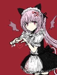 Rule 34 | 1girl, animal ears, apron, bell, black bow, black choker, black dress, black ribbon, black skirt, black souls, black souls ii, black thighhighs, blood, blood on clothes, blood splatter, blush, blush stickers, bow, breasts, cat ears, cat girl, cat tail, choker, closed mouth, cowboy shot, detached wings, dress, fake animal ears, frilled apron, frills, hair between eyes, hair bow, hair ornament, hair ribbon, hands up, heart, heart-shaped pupils, heart hands, jaggy lines, jingle bell, lace, lace trim, lilith (black souls), long hair, looking at viewer, maid, maid apron, maid headdress, medium breasts, mini wings, neck bell, official art, pink bow, pink eyes, pink hair, pink ribbon, ponytail, puffy short sleeves, puffy sleeves, red background, red bow, ribbon, shirt, short sleeves, sidelocks, simple background, sketch, skirt, smile, solo, standing, sushi yuusha toro, symbol-shaped pupils, tail, tail raised, thighhighs, very long hair, victoria (black souls), waist apron, white apron, white dress, white shirt, white thighhighs, wings, wrist cuffs