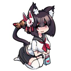 Rule 34 | 1girl, animal ear fluff, azur lane, bell, black sailor collar, black skirt, blush, breasts, brown hair, cat mask, chibi, jingle bell, large breasts, mask, mask on head, miniskirt, official alternate costume, pleated skirt, red eyes, sailor collar, school uniform, seiza, shirt, short hair, simple background, sitting, skirt, solo, sugoidere, tail, tail bell, tail ornament, thighhighs, transparent background, white shirt, white thighhighs, yamashiro (azur lane), yamashiro (street corner offensive!) (azur lane), zettai ryouiki