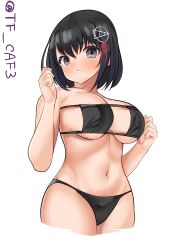 Rule 34 | 1girl, absurdres, bikini, black bikini, black hair, bob cut, breasts, brown eyes, cowboy shot, cropped legs, eyepatch bikini, haguro (kancolle), hair ornament, highres, kantai collection, large breasts, looking at viewer, one-hour drawing challenge, parted lips, short hair, simple background, solo, swimsuit, tf cafe, twitter username, white background