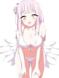 Rule 34 | 1girl, angel wings, bare shoulders, bikini, blue archive, breasts, cleavage, commentary, hair bun, halterneck, highres, kusana (kusana47454281), large breasts, long hair, looking at viewer, mika (blue archive), navel, open mouth, pink hair, sidelocks, simple background, single side bun, solo, stomach, sweatdrop, swimsuit, white background, white bikini, wings, yellow eyes